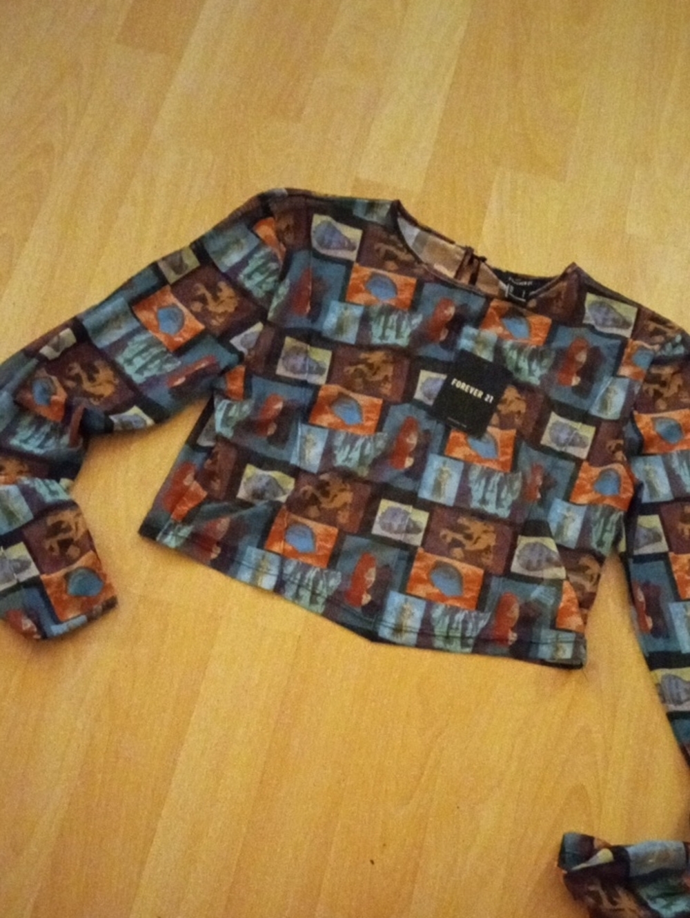 $10>>Forever 21 Multicolor Graphic Cropped Long-Sleeve Top